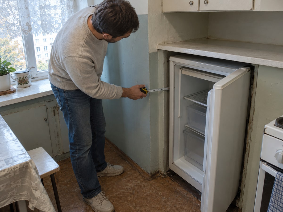 Узкая кухня в хрущёвке: маленький холодильник стоит в нише вплотную к стене, его дверца открывается неудачно и упирается в стену, поэтому выдвижной ящик и полку
