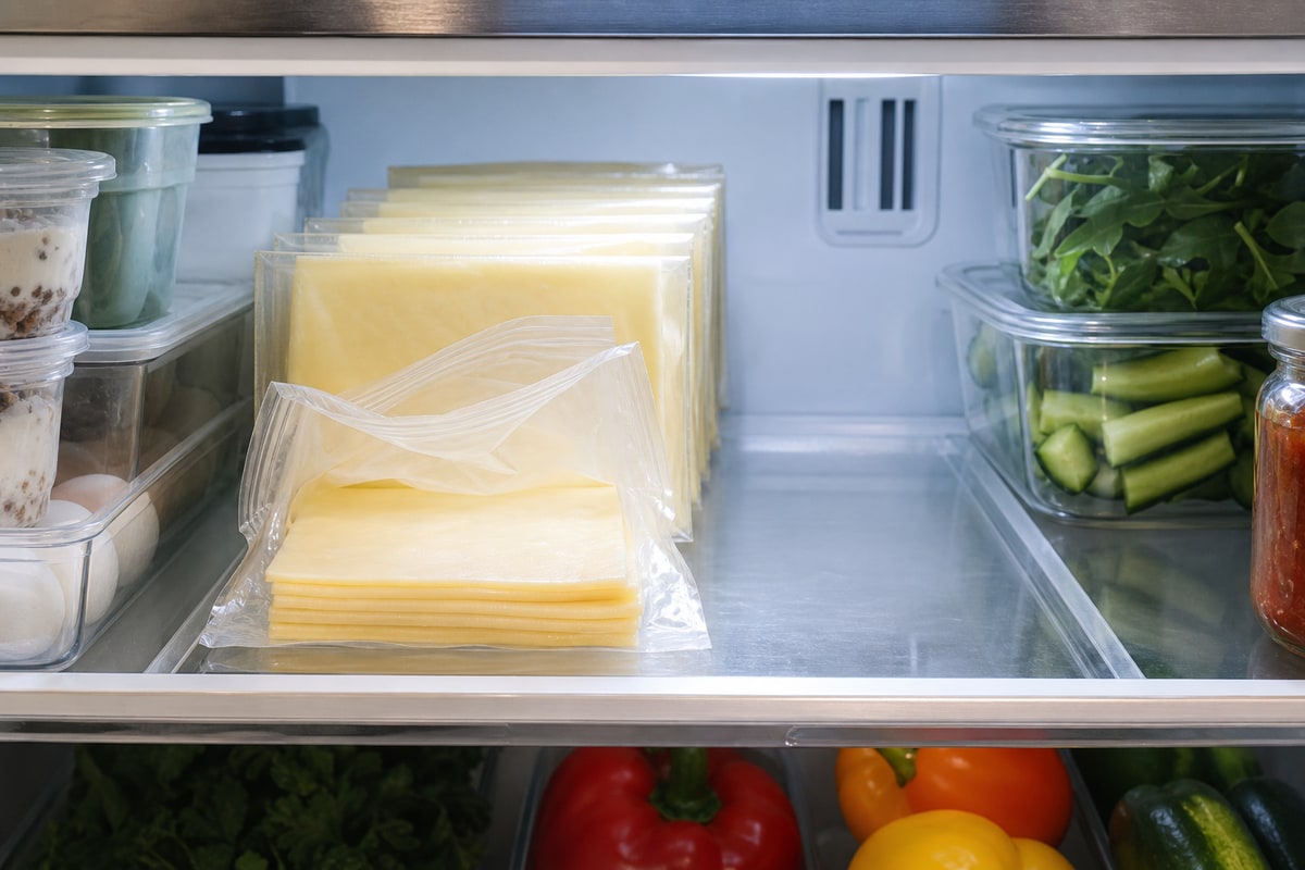 Открытый холодильник: на одной полке продукты разложены по закреплённым местам, открытая пачка стоит впереди и хорошо видна, запас таких же продуктов — позади, 