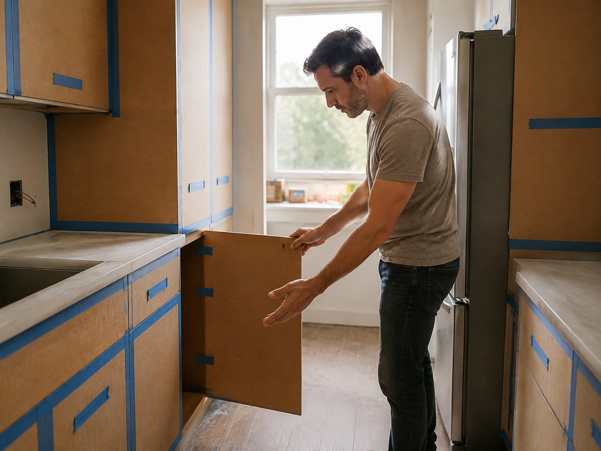 Человек на кухне проверяет картонный макет фасадов: малярной лентой обозначены дверцы и высота хвата, рядом стоят холодильник и соседние модули; он открывает им